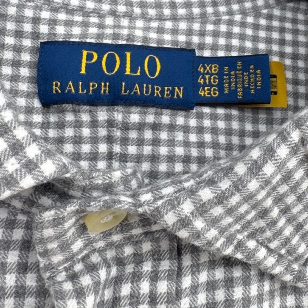 Polo Ralph Lauren Button Down Mens 4XB Grey Gingham Long Sleeve Cotton Shirt